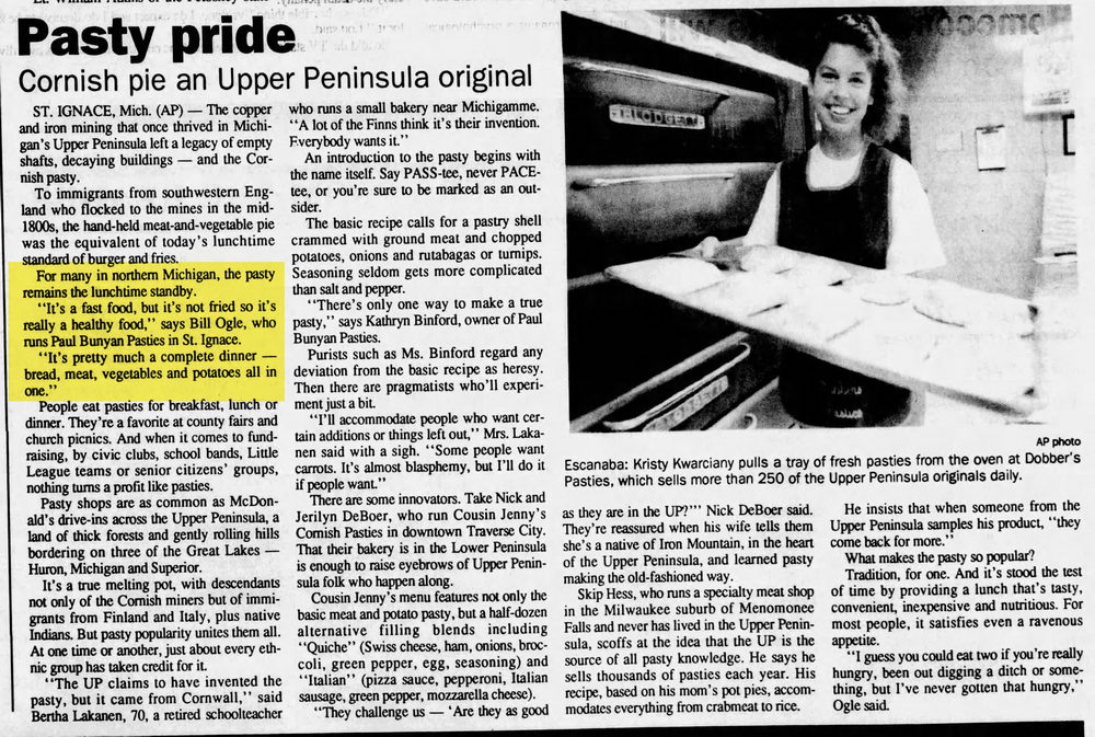 Paul Bunyan Pasties - Jul 2 1992 Article